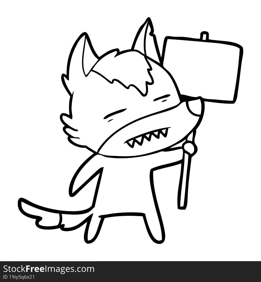 cartoon wolf with sign post showing teeth. cartoon wolf with sign post showing teeth