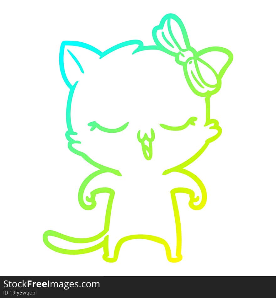 cold gradient line drawing cartoon cat with bow on head