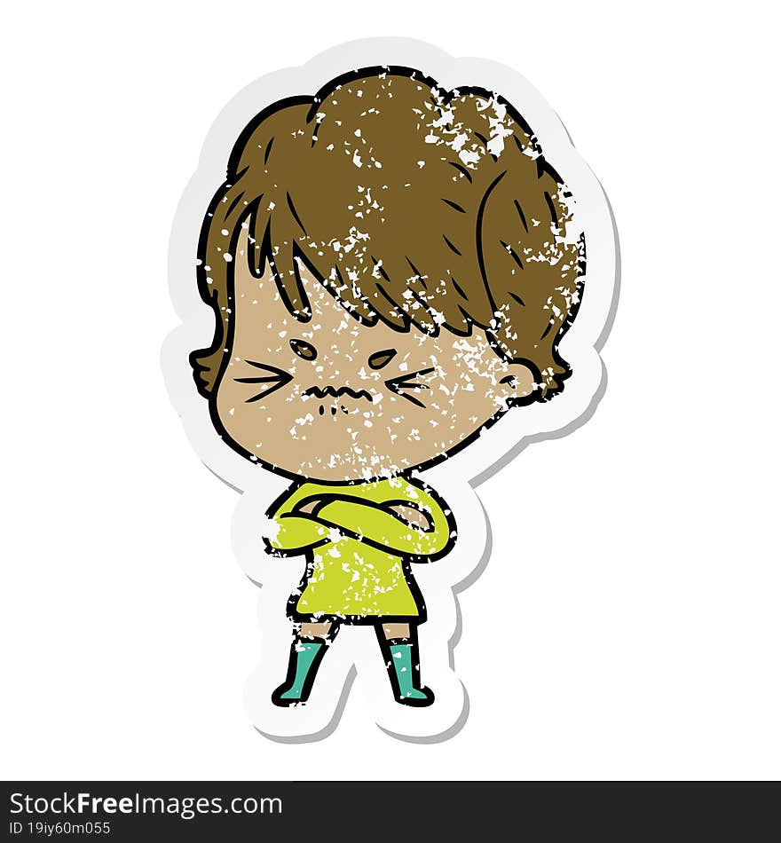 distressed sticker of a cartoon frustrated woman