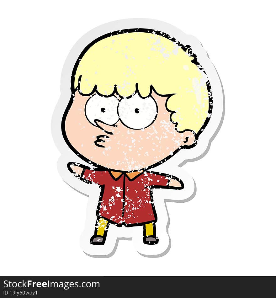 distressed sticker of a cartoon curious boy