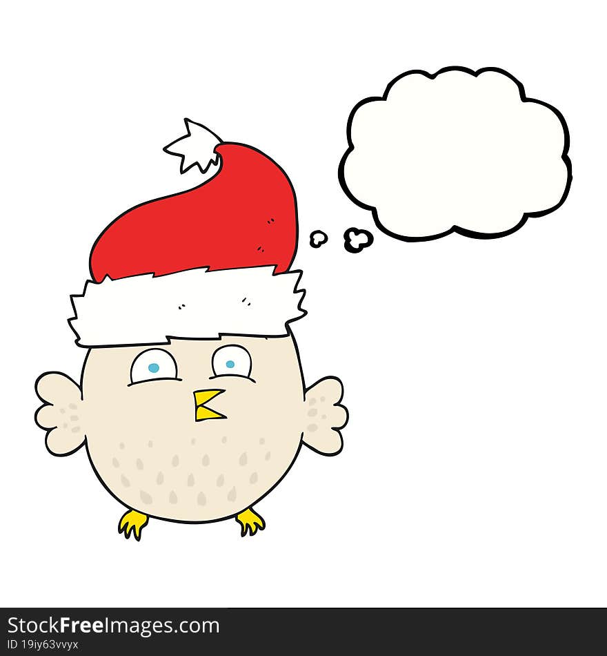 freehand drawn thought bubble cartoon owl wearing christmas hat