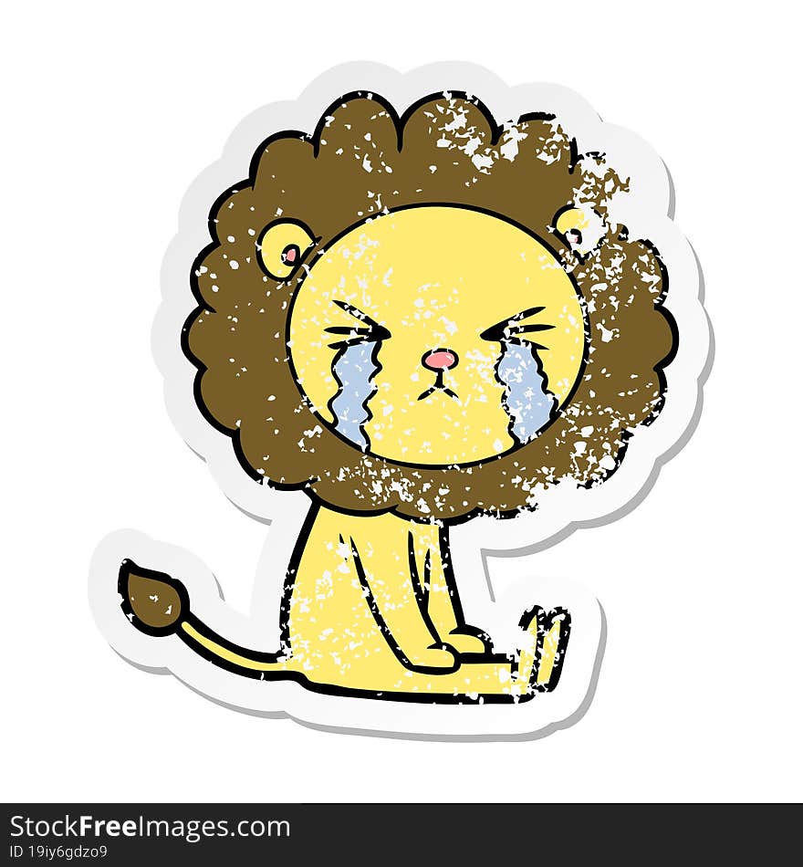 distressed sticker of a cartoon crying lion