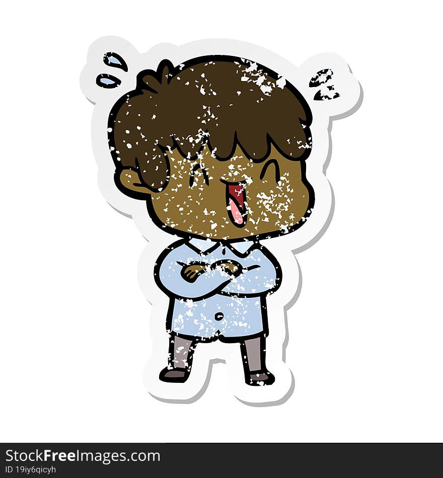 distressed sticker of a cartoon laughing boy