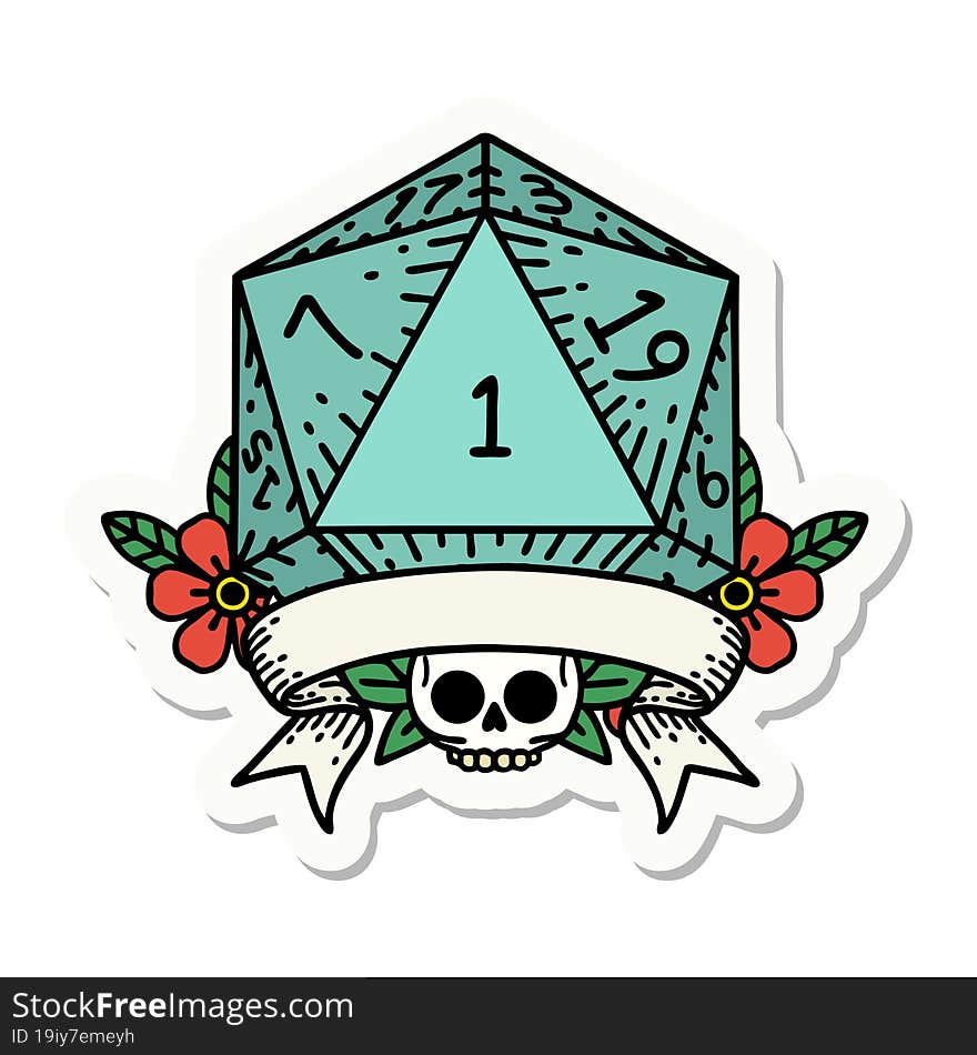 sticker of a natural one d20 dice roll. sticker of a natural one d20 dice roll