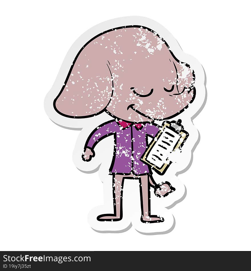 distressed sticker of a cartoon smiling elephant with clipboard