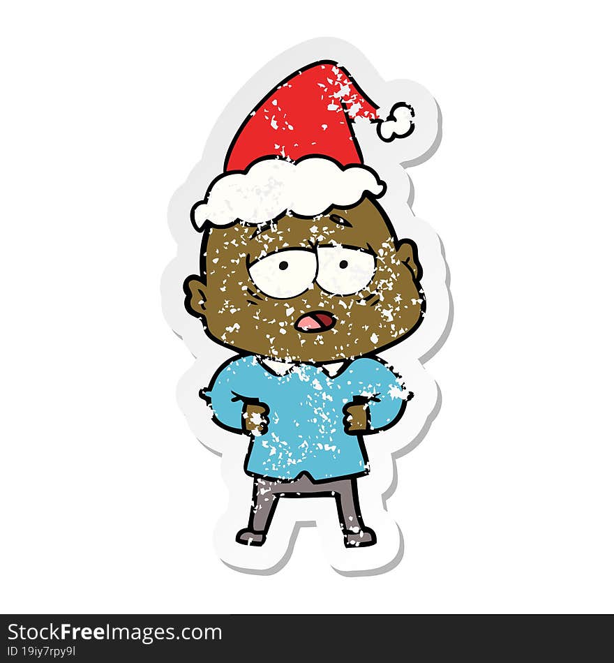 distressed sticker cartoon of a tired bald man wearing santa hat