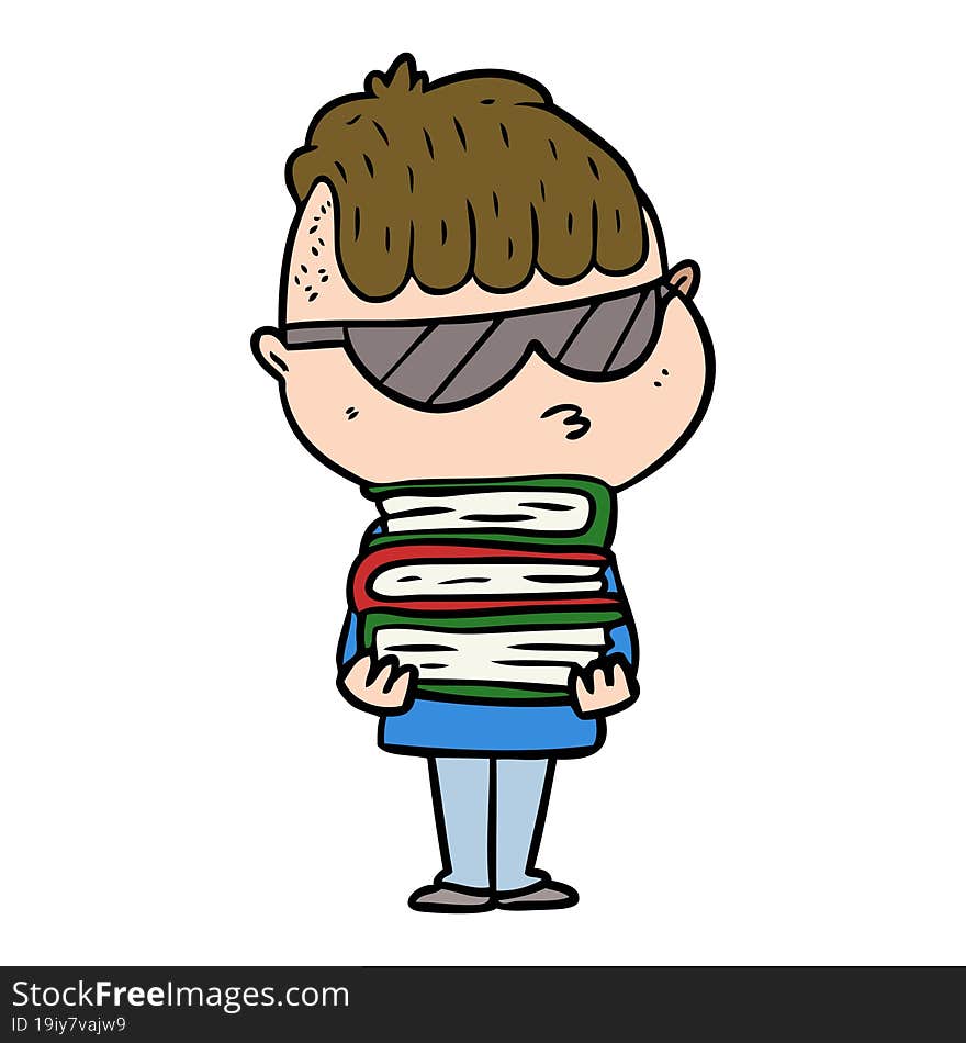 cartoon boy wearing sunglasses with stack of books. cartoon boy wearing sunglasses with stack of books