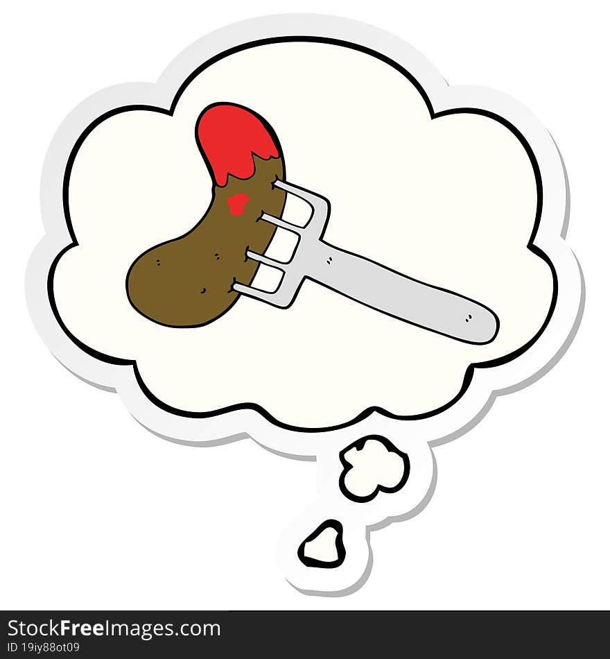 cartoon sausage on fork and thought bubble as a printed sticker