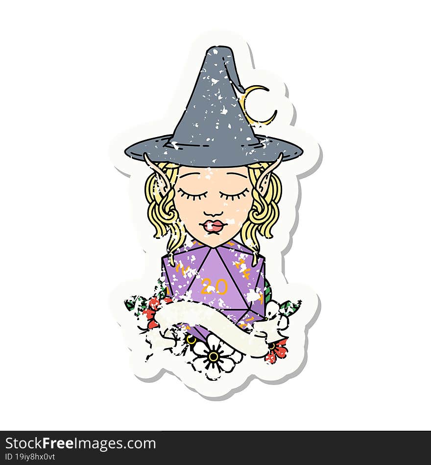 grunge sticker of a elf mage character with natural twenty dice roll. grunge sticker of a elf mage character with natural twenty dice roll