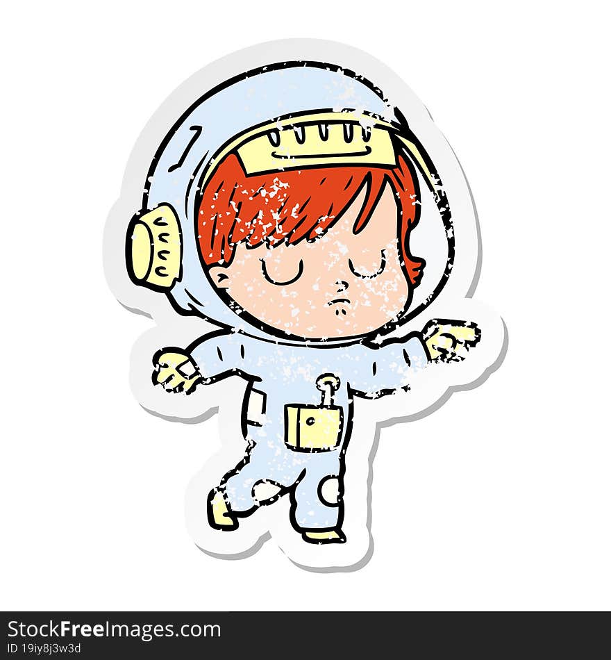 distressed sticker of a cartoon astronaut woman