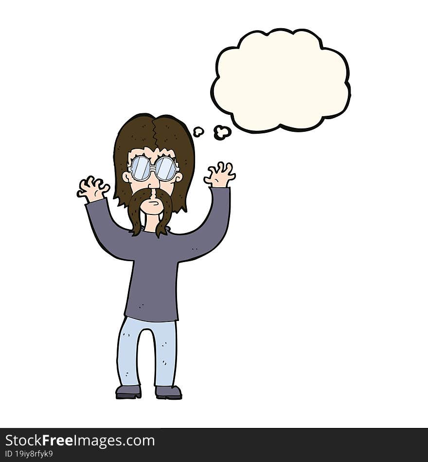 cartoon hippie man waving arms with thought bubble