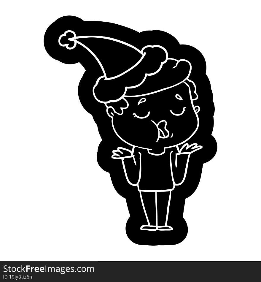 Cartoon Icon Of A Man Talking And Shrugging Shoulders Wearing Santa Hat