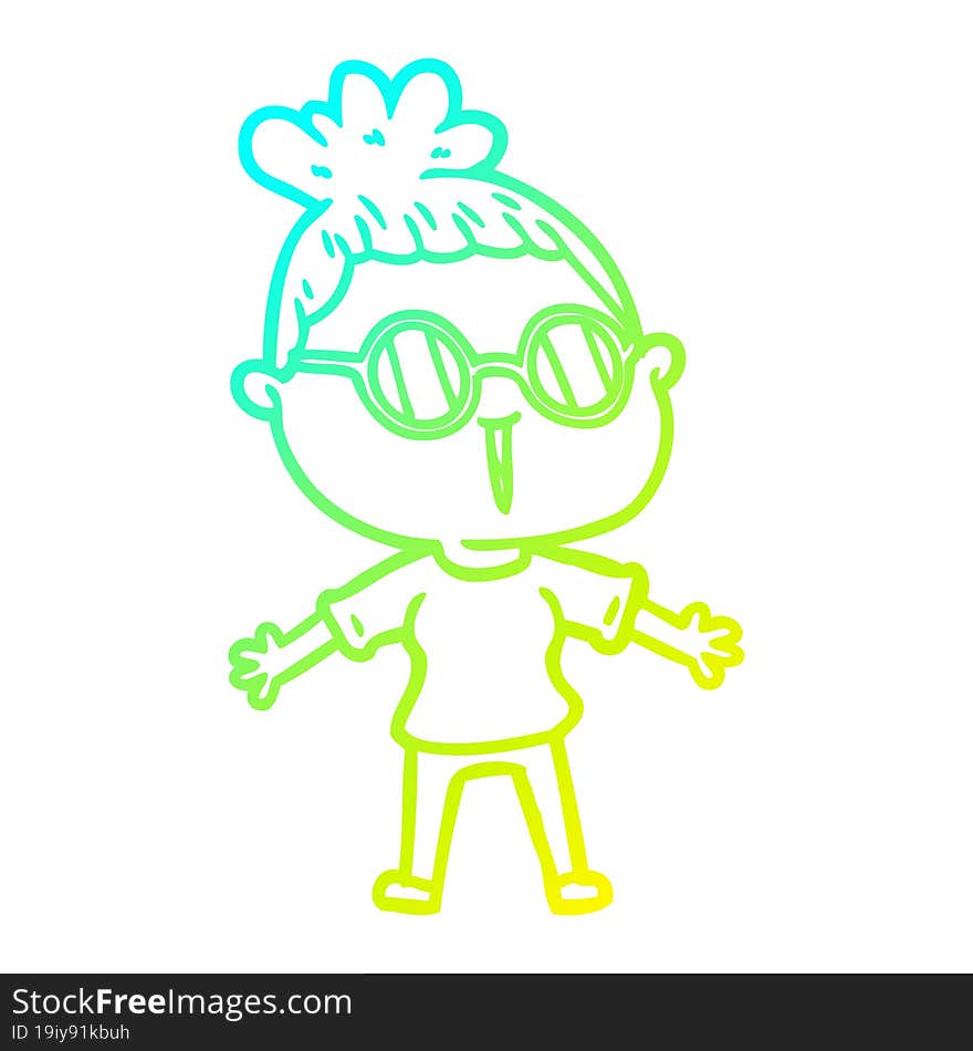 cold gradient line drawing of a cartoon woman wearing spectacles