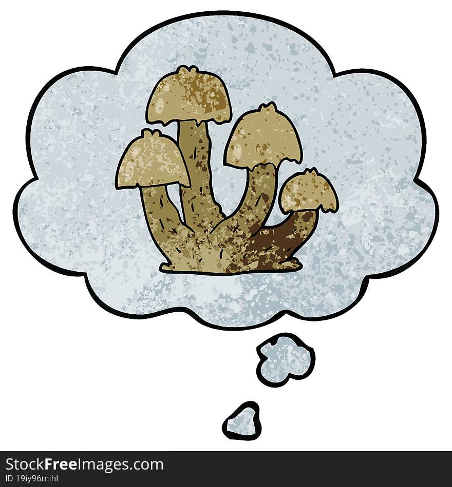 cartoon mushrooms and thought bubble in grunge texture pattern style