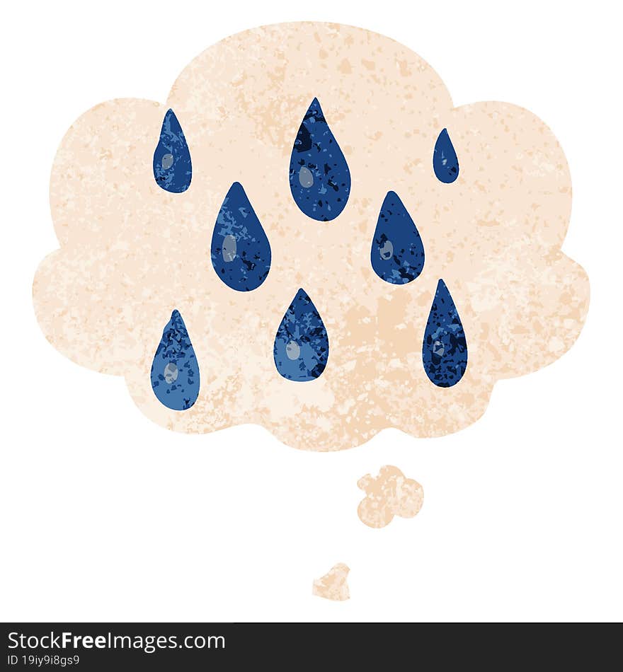 cartoon raindrops and thought bubble in retro textured style