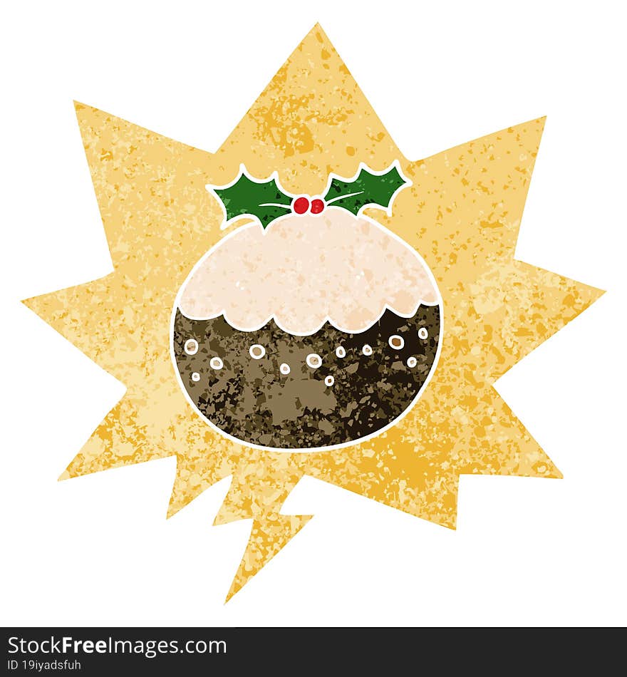 cartoon christmas pudding and speech bubble in retro textured style