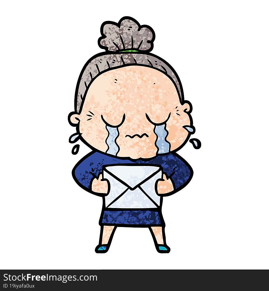 cartoon old woman crying with letter. cartoon old woman crying with letter