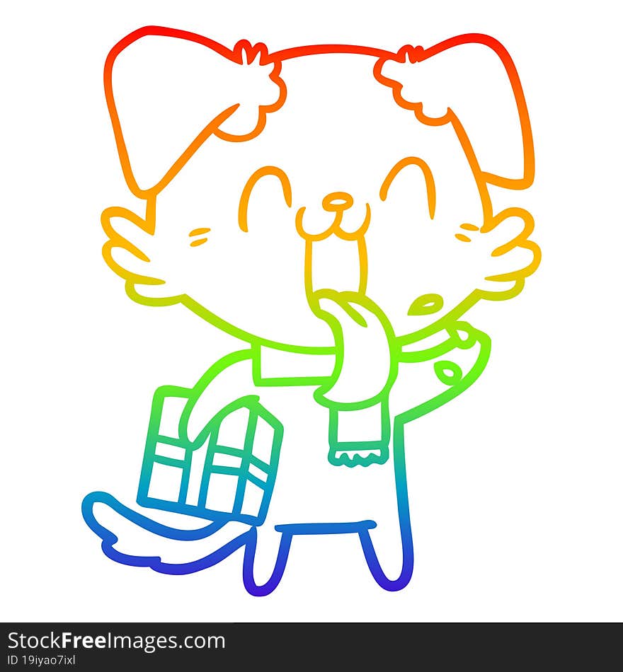 rainbow gradient line drawing of a cartoon panting dog with present