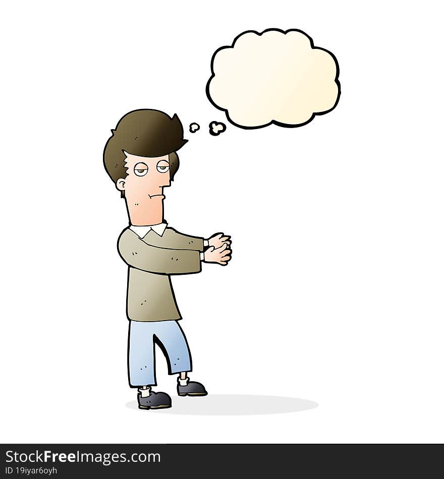 cartoon bored man showing the way with thought bubble