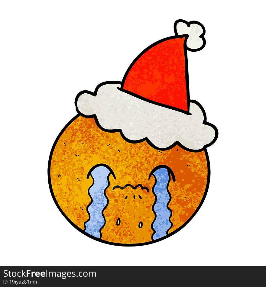 hand drawn textured cartoon of a orange wearing santa hat