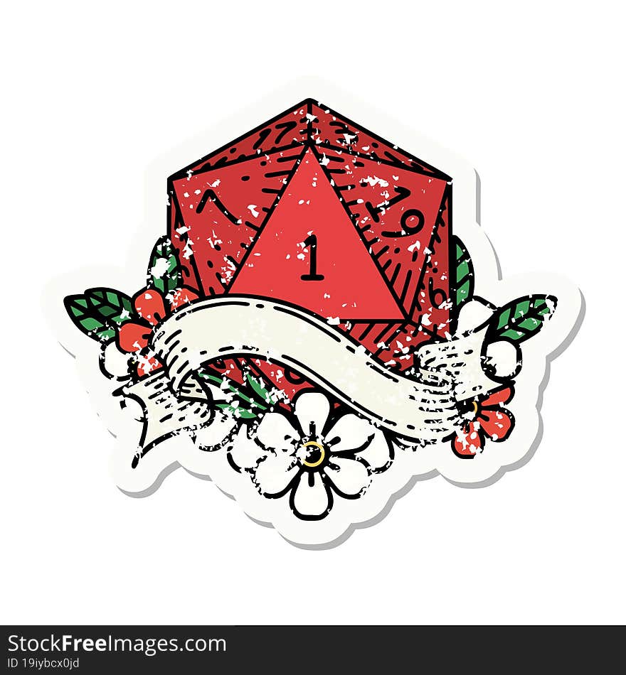 grunge sticker of a natural one d20 dice roll. grunge sticker of a natural one d20 dice roll