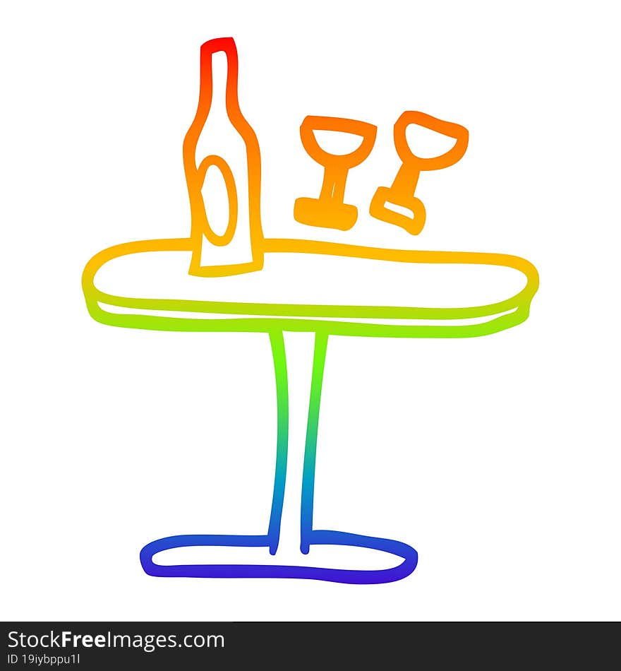 rainbow gradient line drawing of a cartoon table with bottle and glasses