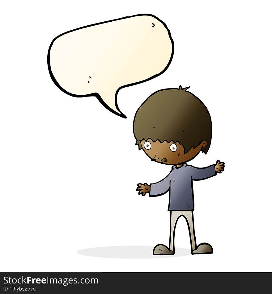 cartoon boy with outstretched arms with speech bubble