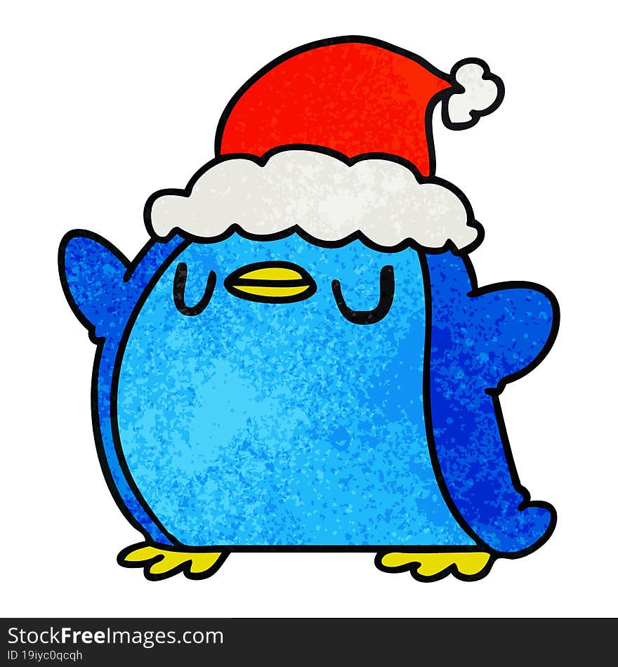 hand drawn christmas textured cartoon of kawaii penguin