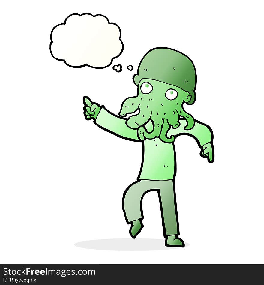 cartoon alien man dancing with thought bubble