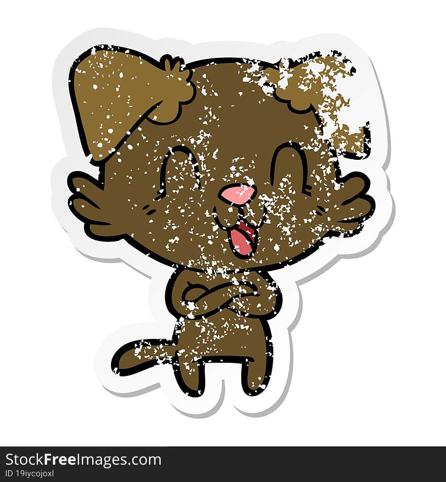 distressed sticker of a laughing cartoon dog