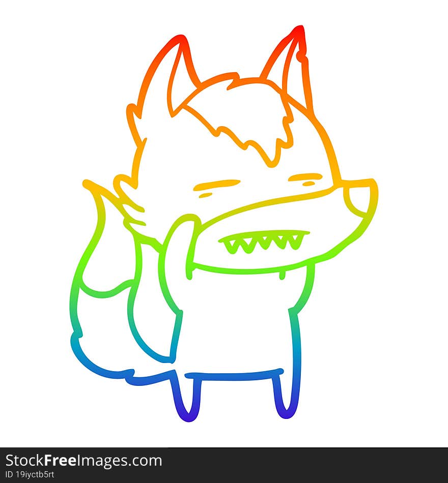 rainbow gradient line drawing of a cartoon wolf showing teeth