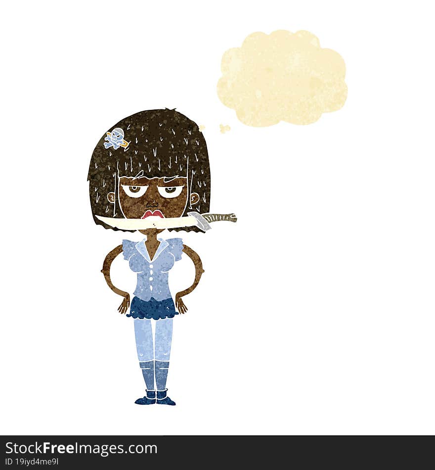 cartoon woman with knife between teeth with thought bubble