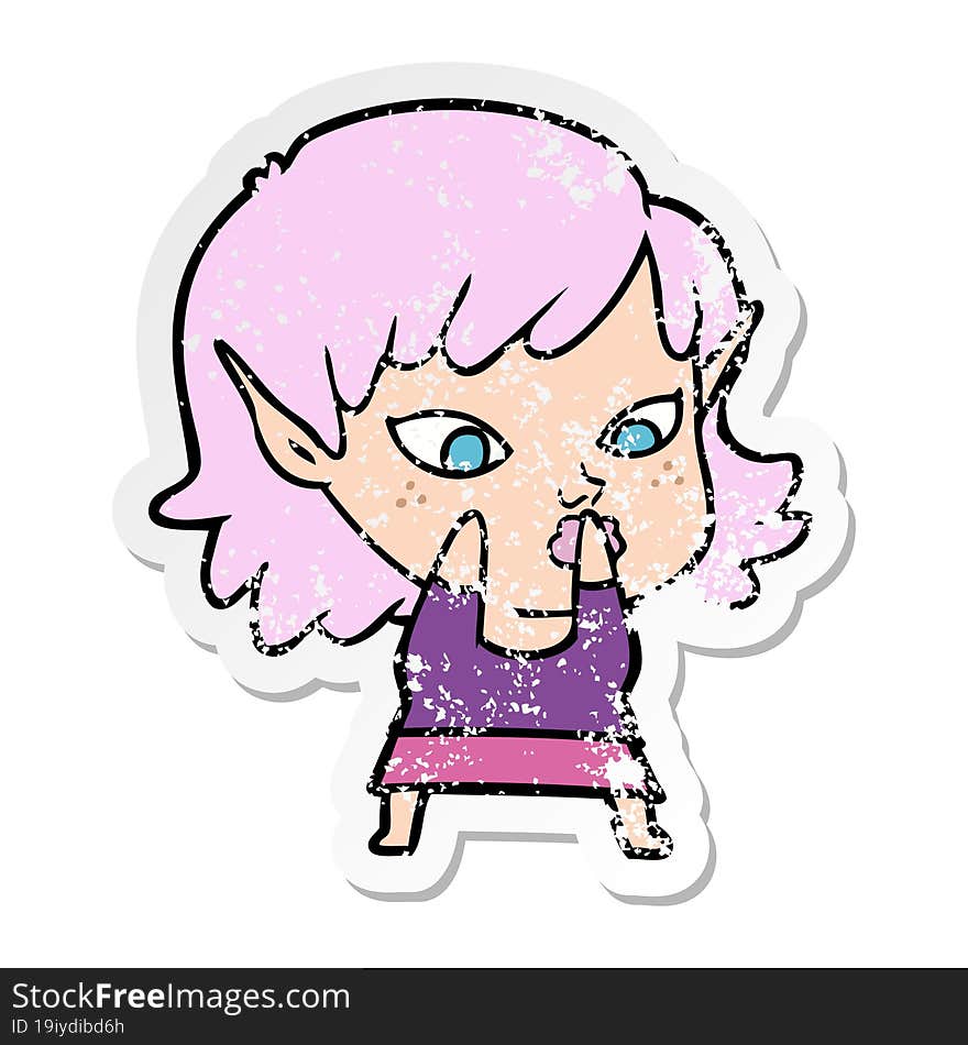 distressed sticker of a pretty cartoon elf girl