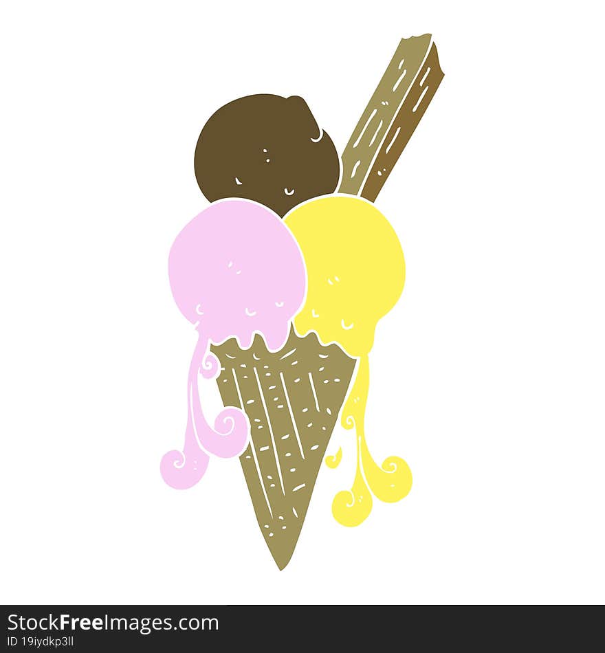 flat color illustration of a cartoon ice cream cone