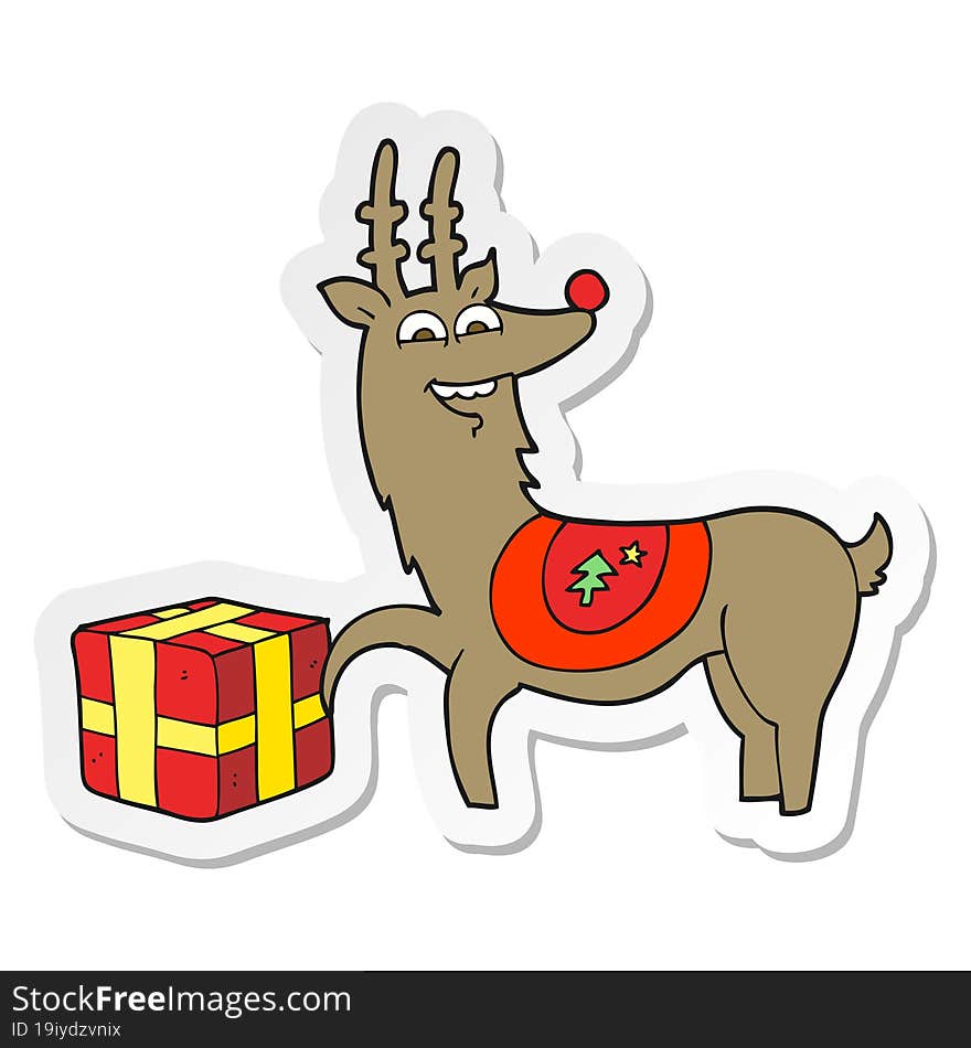 sticker of a cartoon christmas reindeer with present