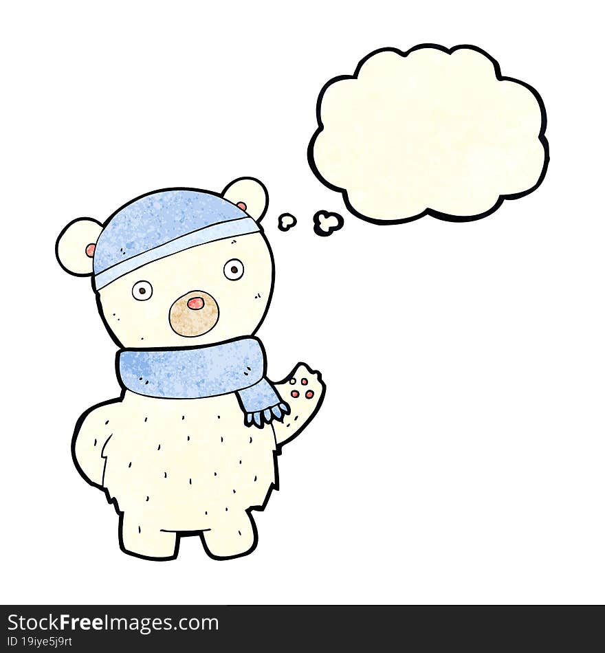 cartoon polar bear in winter hat and scarf with thought bubble