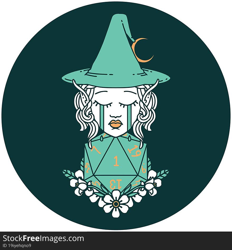 crying elf witch with natural one D20 roll icon