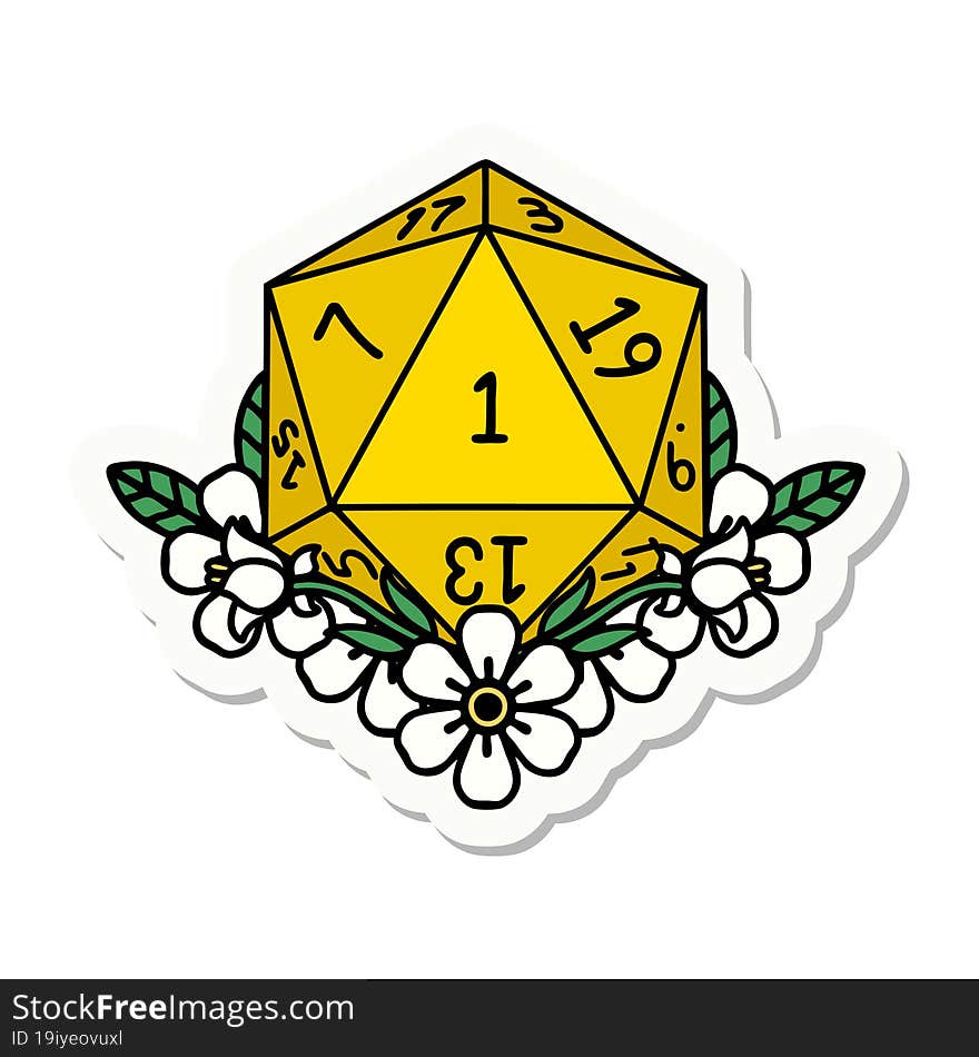 sticker of a natural one dice roll with floral elements. sticker of a natural one dice roll with floral elements