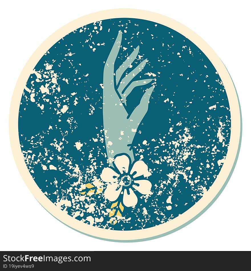 iconic distressed sticker tattoo style image of a hand and flower. iconic distressed sticker tattoo style image of a hand and flower