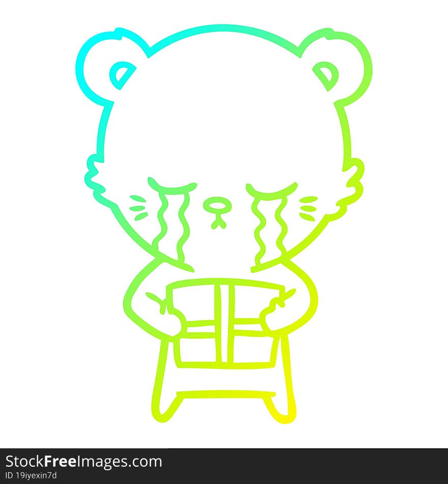 cold gradient line drawing of a crying cartoon bear with present