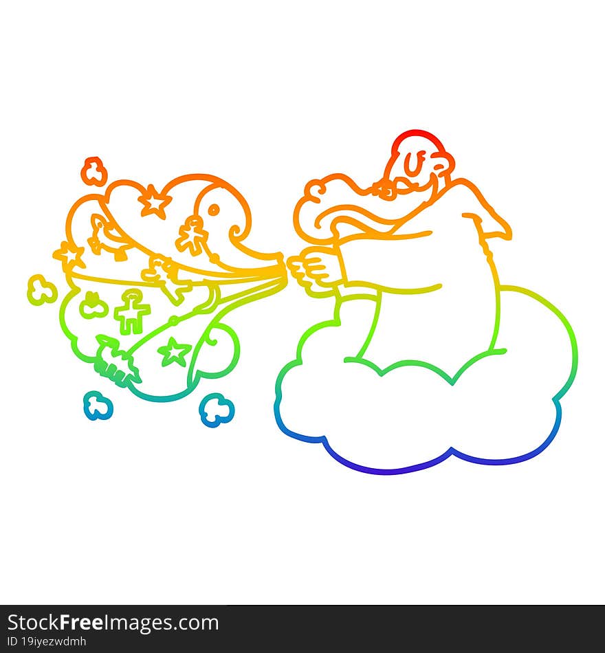 rainbow gradient line drawing of a cartoon god creating universe