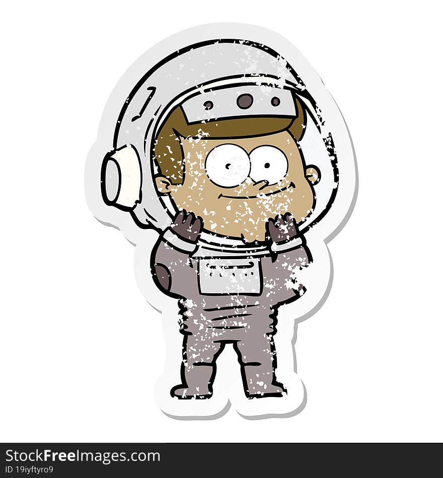 distressed sticker of a happy astronaut cartoon