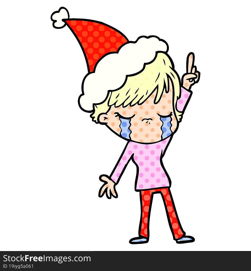 comic book style illustration of a woman crying wearing santa hat