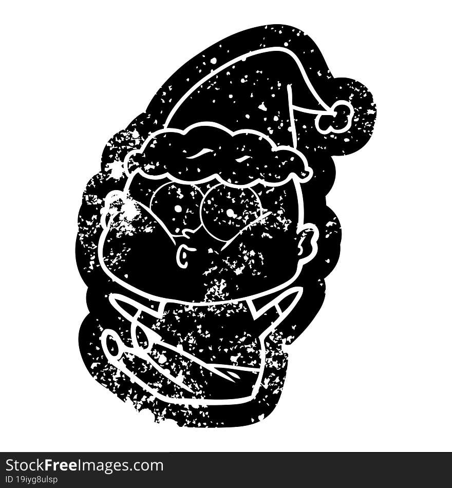 cartoon distressed icon of a bald man staring wearing santa hat