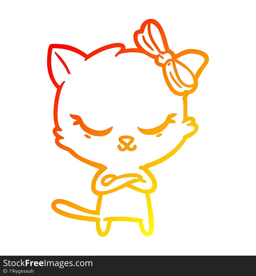 Warm Gradient Line Drawing Cute Cartoon Cat With Bow