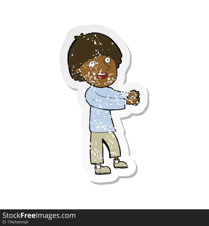 retro distressed sticker of a cartoon happy man showing