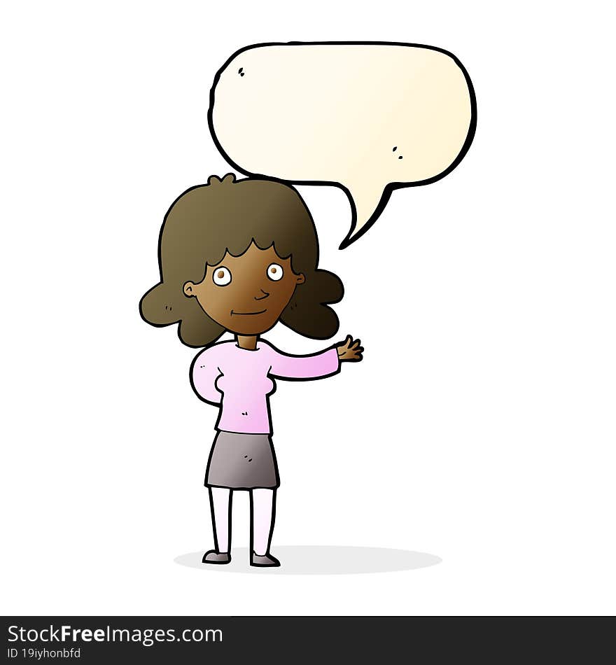 cartoon friendly woman with speech bubble