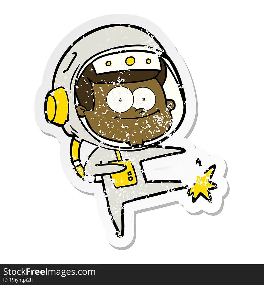 distressed sticker of a happy astronaut cartoon