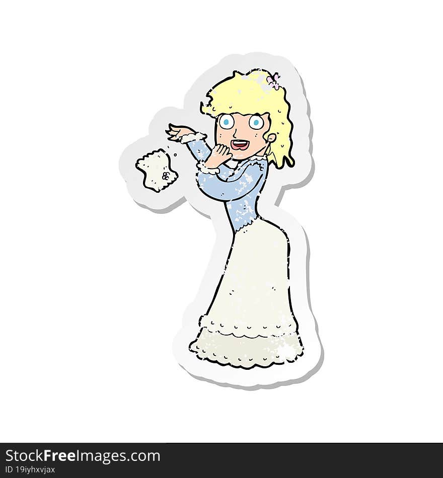 retro distressed sticker of a cartoon victorian woman dropping handkerchief