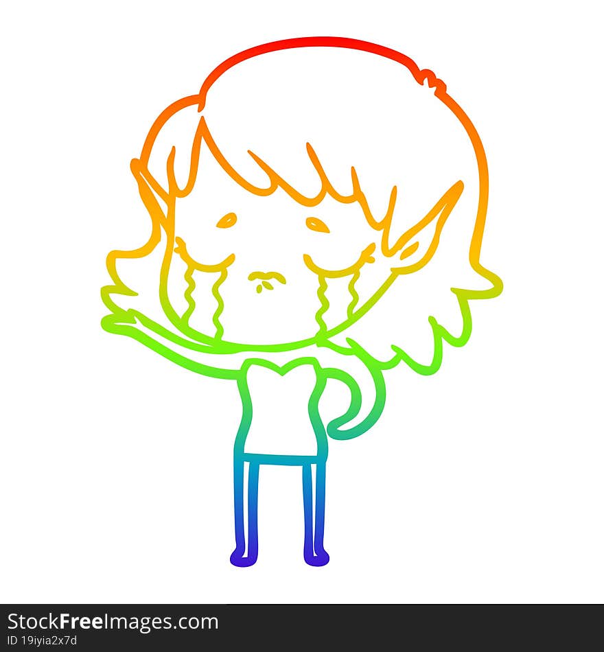 rainbow gradient line drawing cartoon crying elf girl